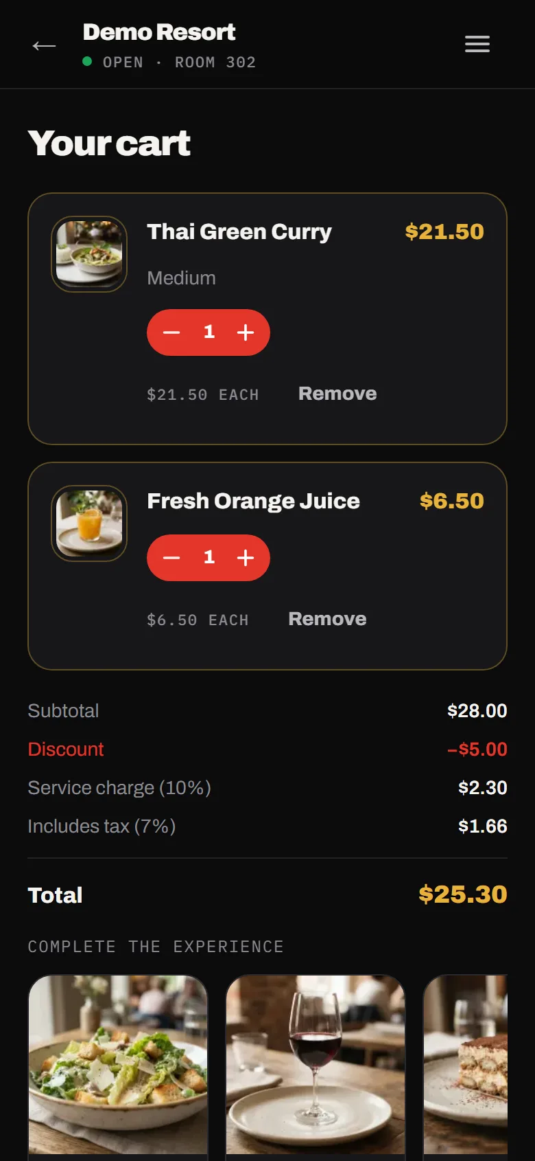 The cart with service charge, tax, a discount and one more suggestion
