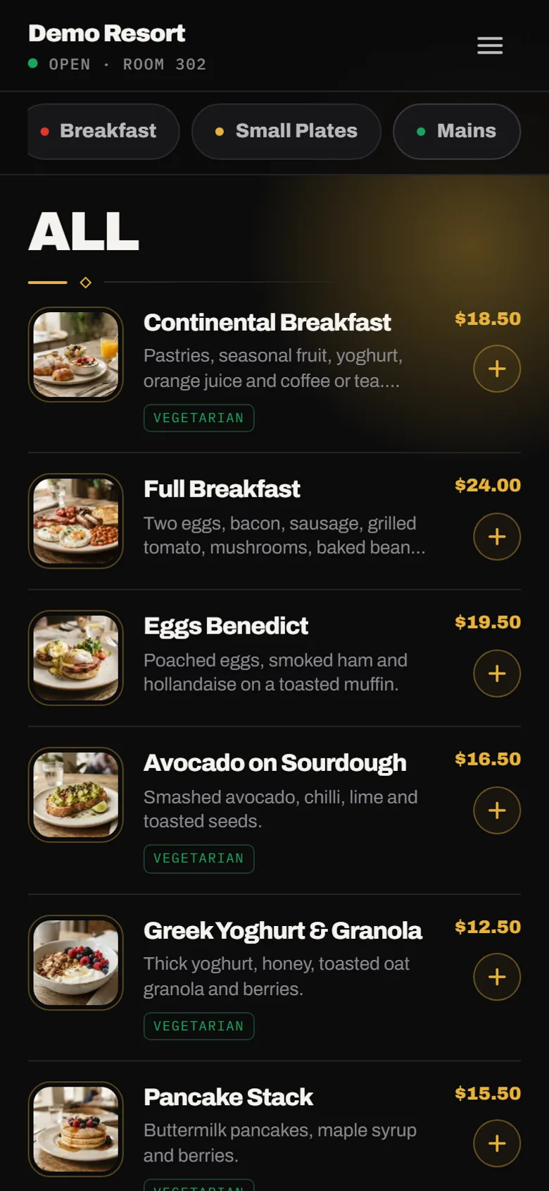 The guest menu on a phone, showing mains with photos and prices