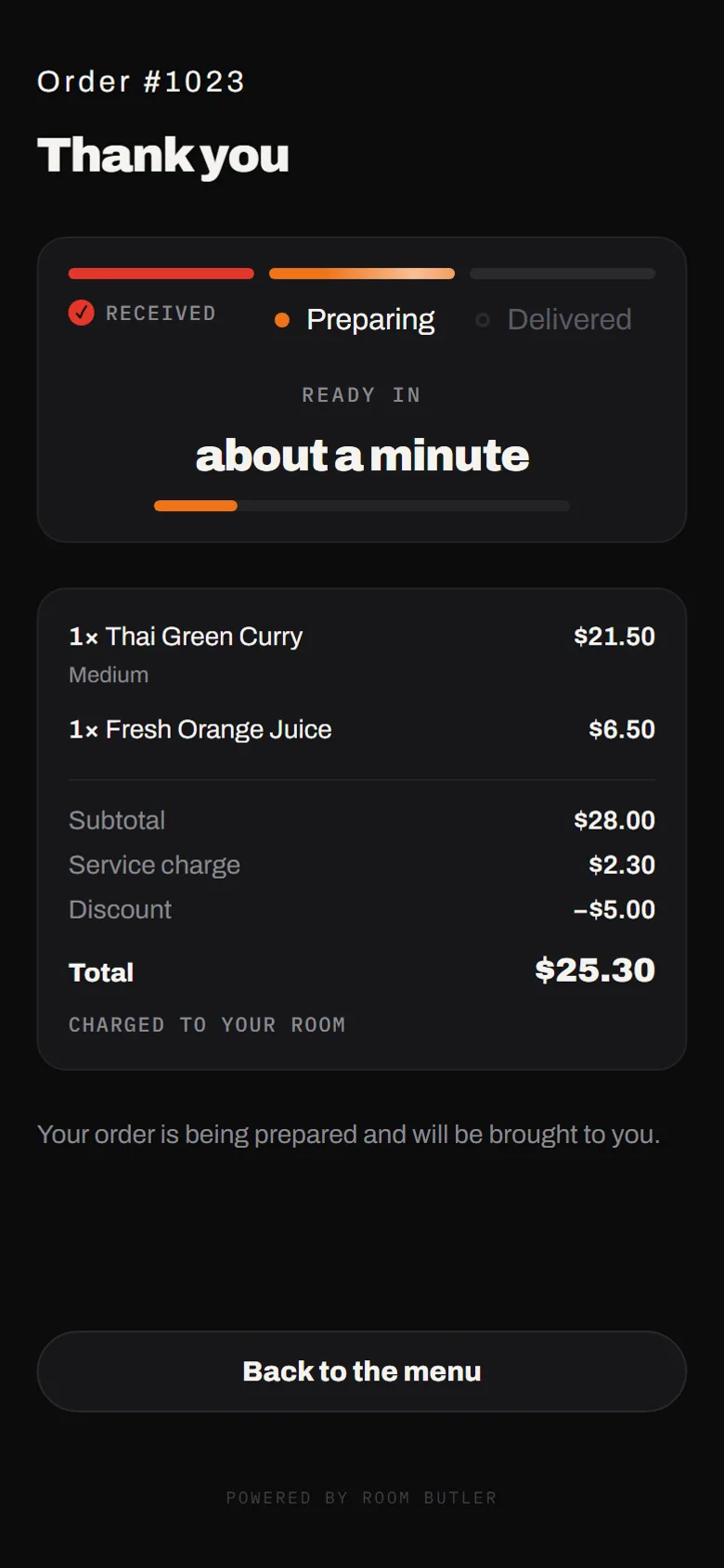 The order status screen showing received, preparing and delivered