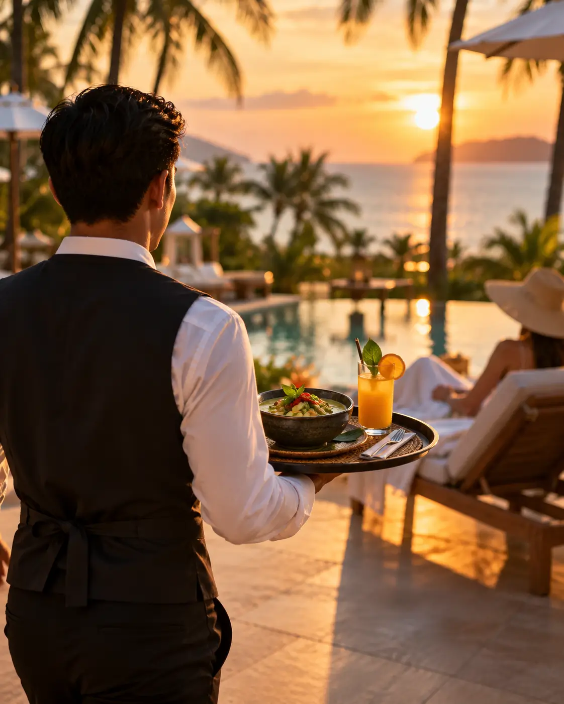 A waiter carrying green curry and a drink across the pool deck to a guest on a sunbed