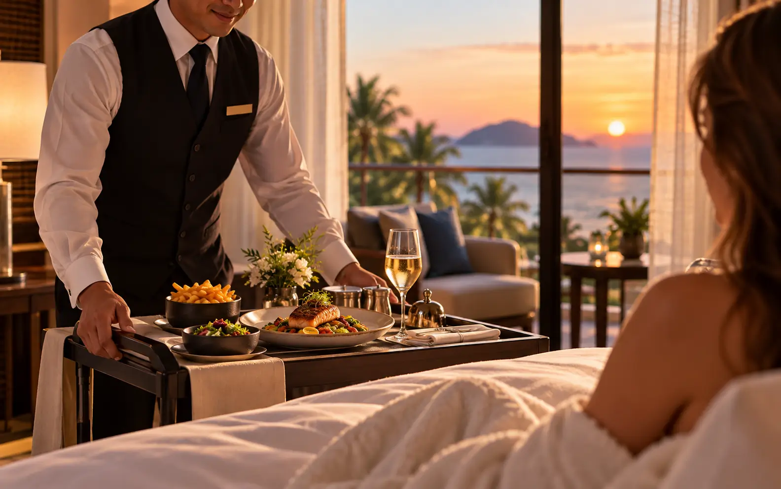A server bringing dinner on a trolley to a guest in a sea-view hotel room at sunset